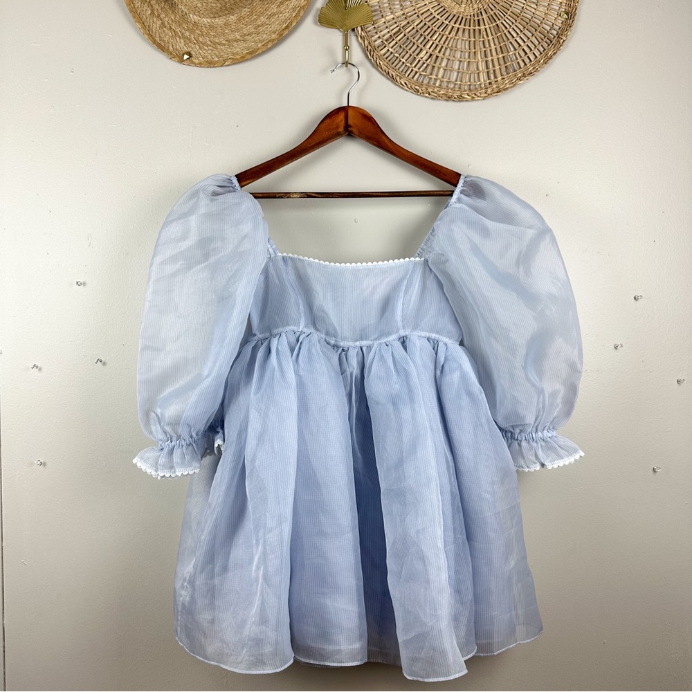 SELKIE The Puff Dress Sheer Blue Babydoll Pinstripe Dress Size Small - Picture 3 of 17